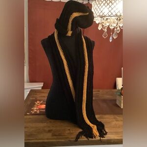 Hand crochet black and gold unisex hat and scarf set